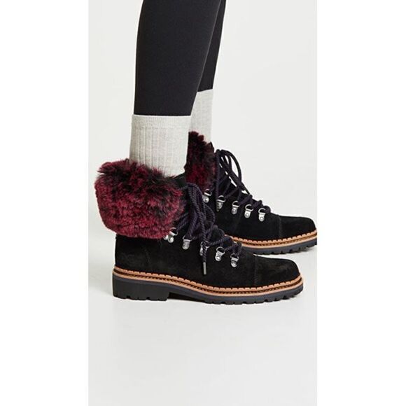 Sam Edelman Women's Bowen Black Suede Raspberry Wine Faux Fur Boots Size 6 - Picture 5 of 12
